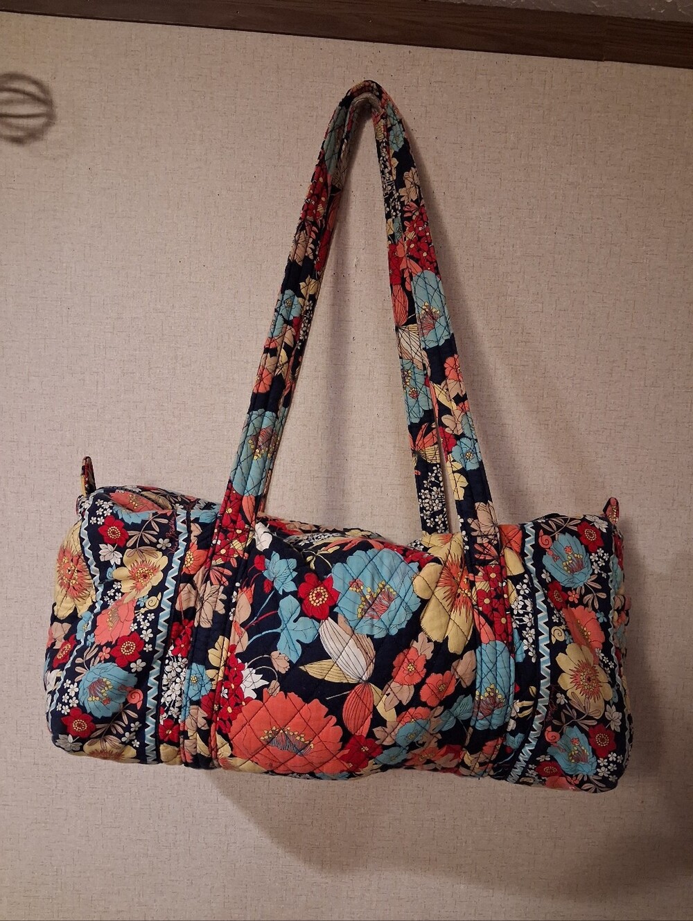 Vera Bradley Medium Duffel Travel Bag Blue Yellow Coral Red Teal Double Strap